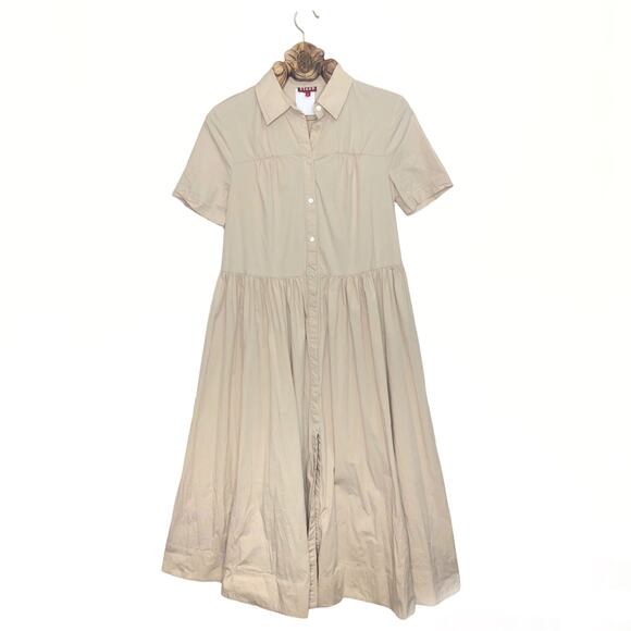 Staud Guilia Shirt Dress Ruched Gather Waist Midi Tan Cream Biscotti Collar  S